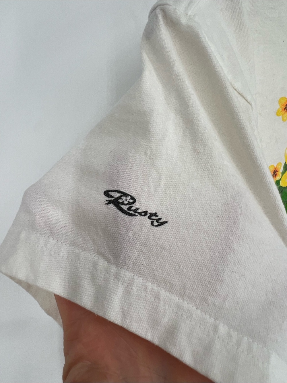 Vintage Rusty Cream Short Sleeve Tee Sunflower Logo Surf Graphic y2k 90s crop - Picture 7 of 10